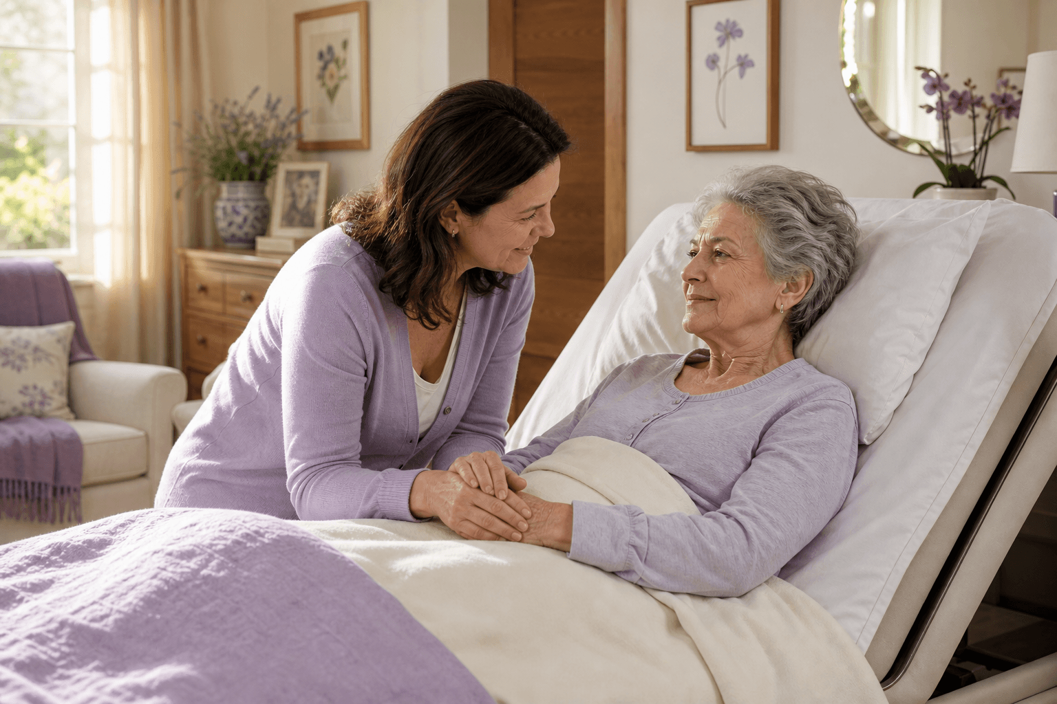 An adult daughter sharing a warm moment with her older mother at home