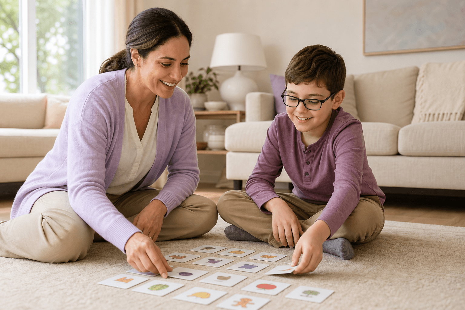 A caregiver and child playing a learning game together at home