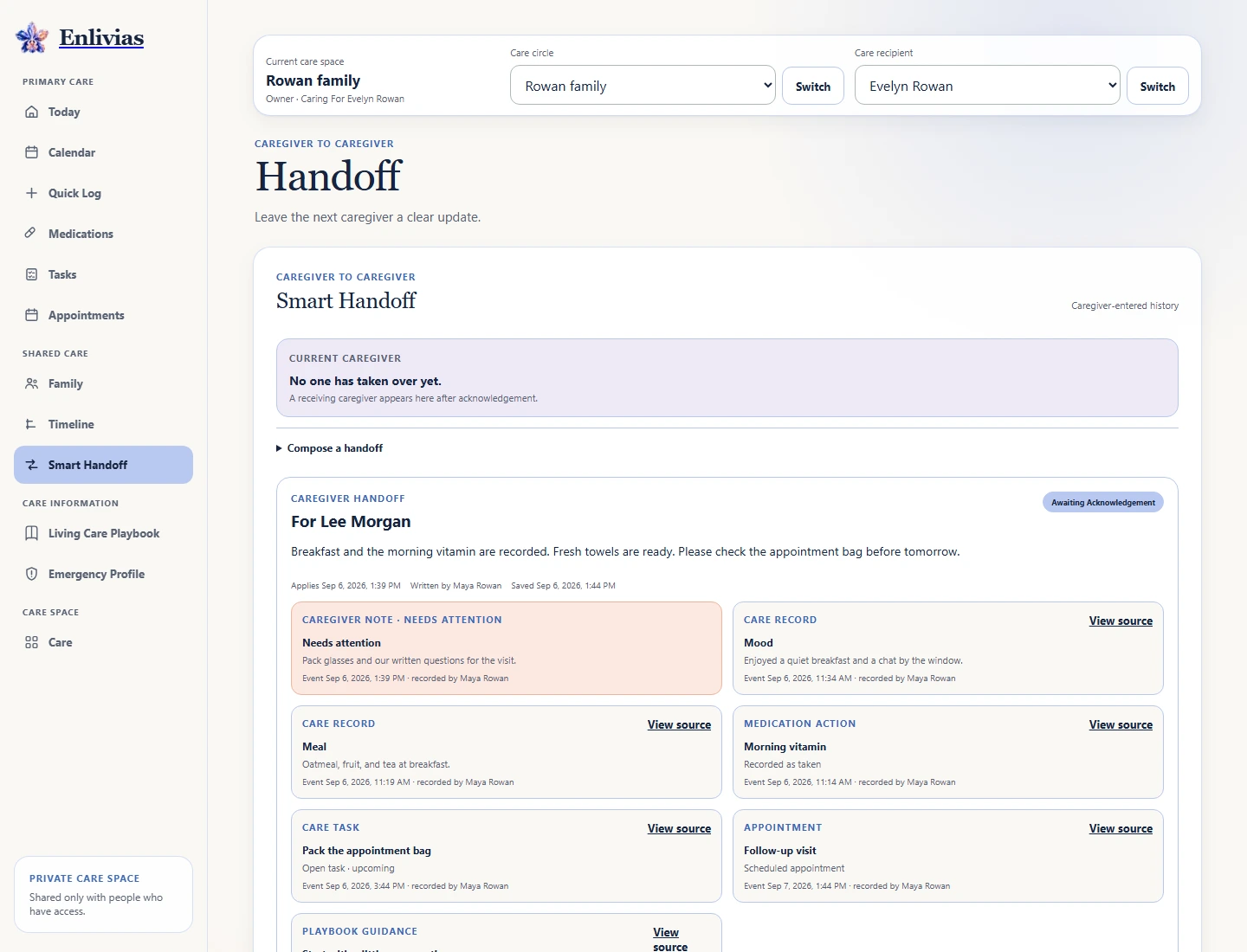 Smart Handoff showing who the handoff is for, an item needing attention, and the care records behind it.