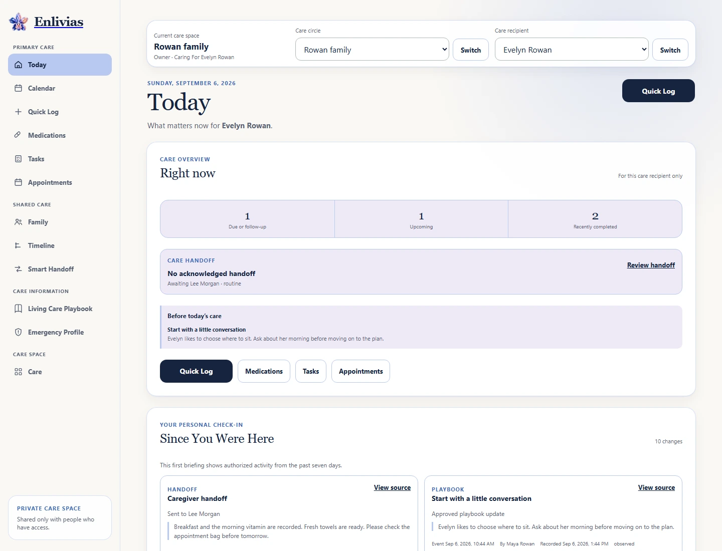 Since You Were Here briefing with a caregiver handoff and an approved playbook update, each linked to its source.